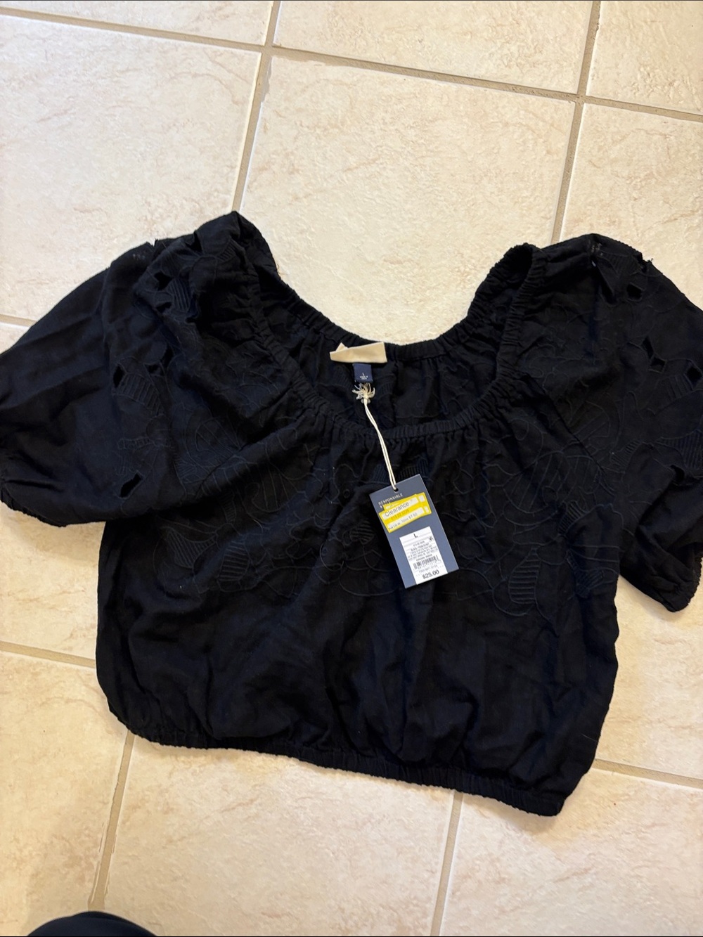 Universal Thread Black Embroidered Puff-Sleeve Crop Top
